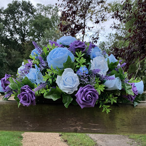 teardrop bouquet collection featuring purple and blue flowers