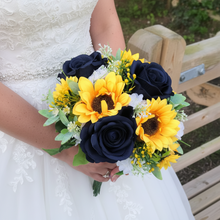 A collection of wedding bouquets featuring  sunflowers and either royal or navy blue roses