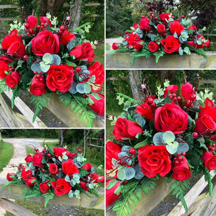 graveside flower arrangement double ended spray of red roses