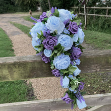 teardrop bouquet collection featuring purple and blue flowers