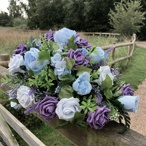 teardrop bouquet collection featuring purple and blue flowers