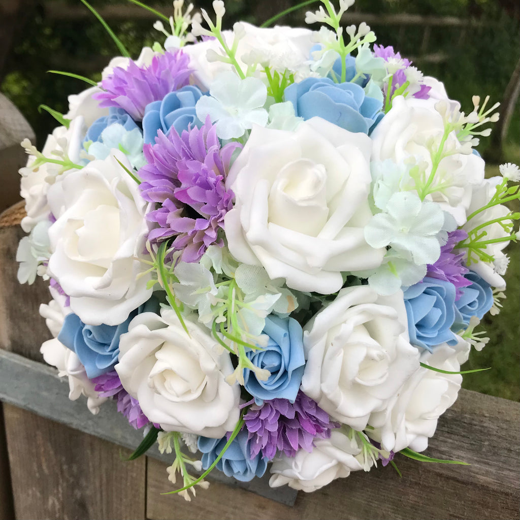 A brides bouquet of lilac, white and blue artificial flowers – AbigailRose