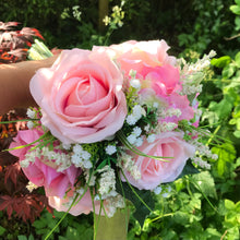 A wedding bouquet collection of artificial silk pink roses & hydrangea flowers