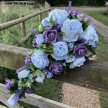 teardrop bouquet collection featuring purple and blue flowers