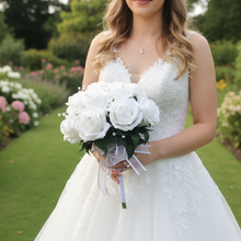 A wedding bouquet collection of white foam roses and crystals