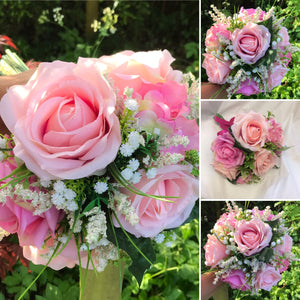 A wedding bouquet collection of artificial silk pink roses & hydrangea flowers