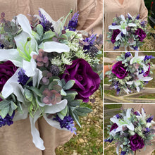 A wedding bouquet featuring purple & white flowers