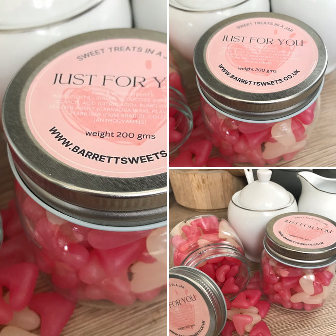 Pink and White Jelly Bean hearts in Jar