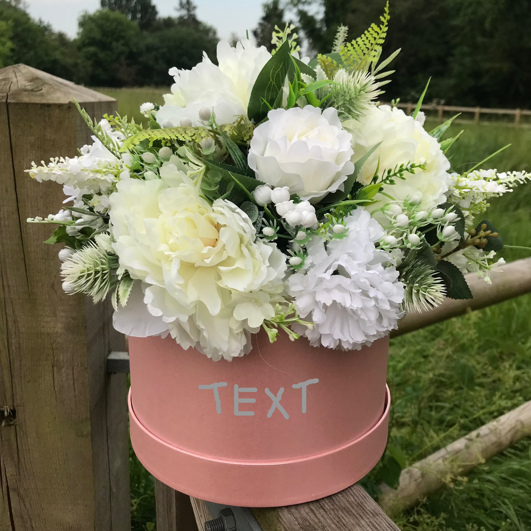 pink hat box featuring ivory roses and peony artificial silk flowers, personalised