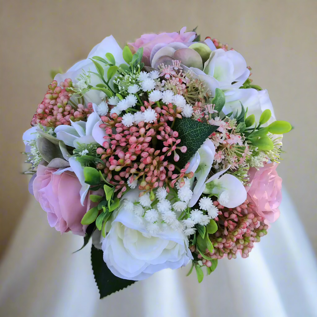 A wedding bouquet of artificial ivory and pink Flowers