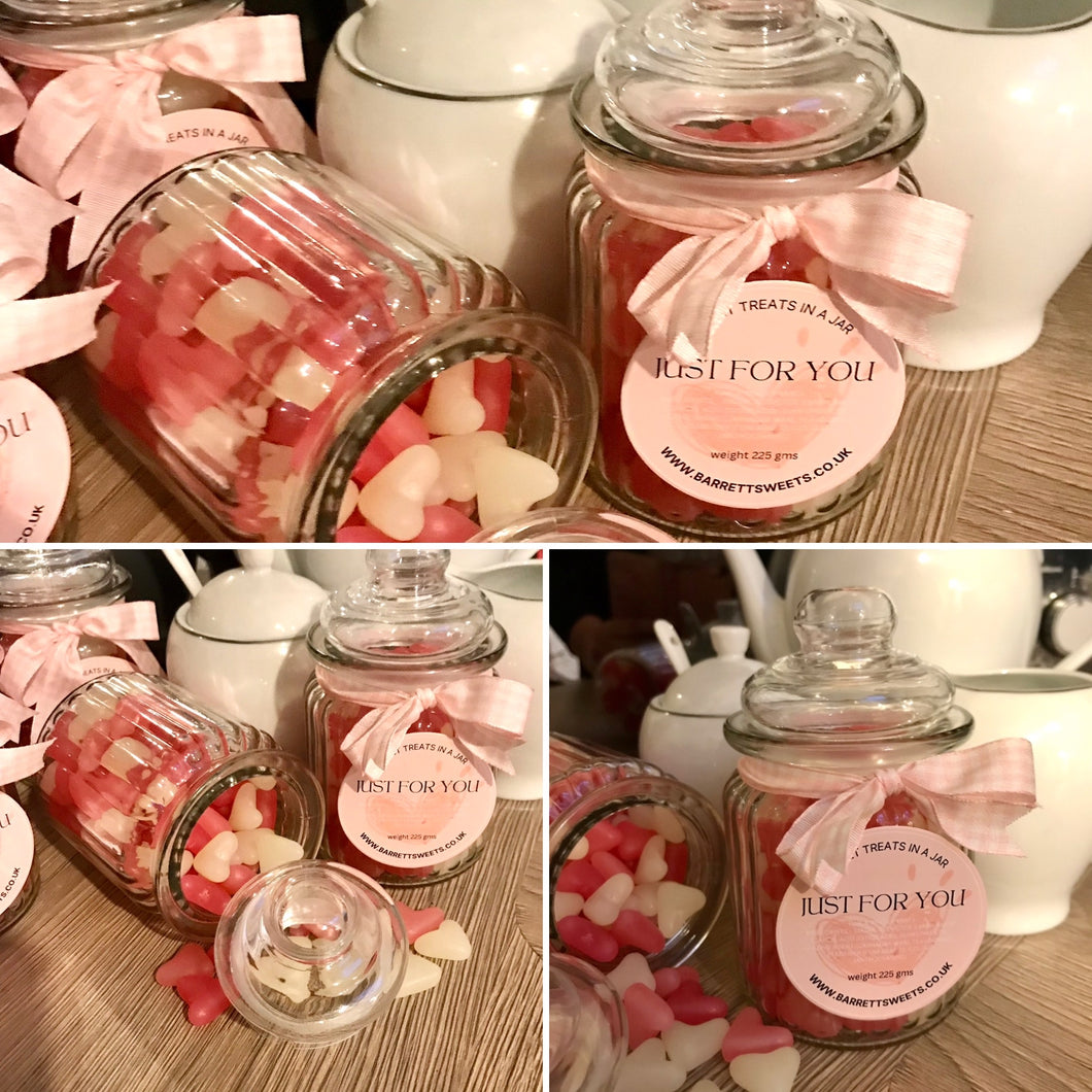 Pink and White Jelly Bean Hearts in Glass Jar