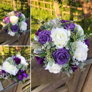 a wedding bouquet of ivory & purple artificial rose Flowers