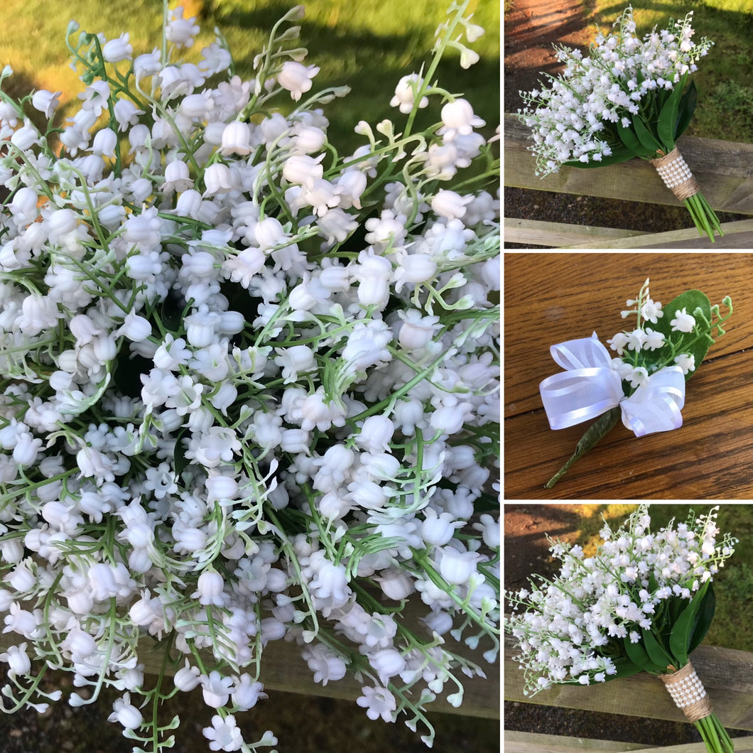 A wedding bouquet of pure white artificial lily of the valley flowers