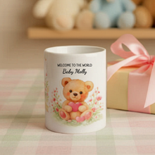 Personalised teddy Money Box holding a cerise pink heart
