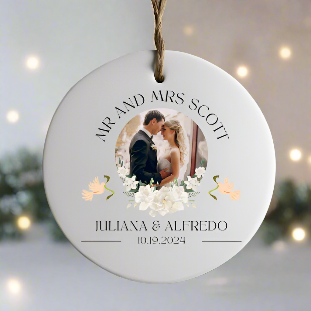 mr and mrs personalised photo bauble