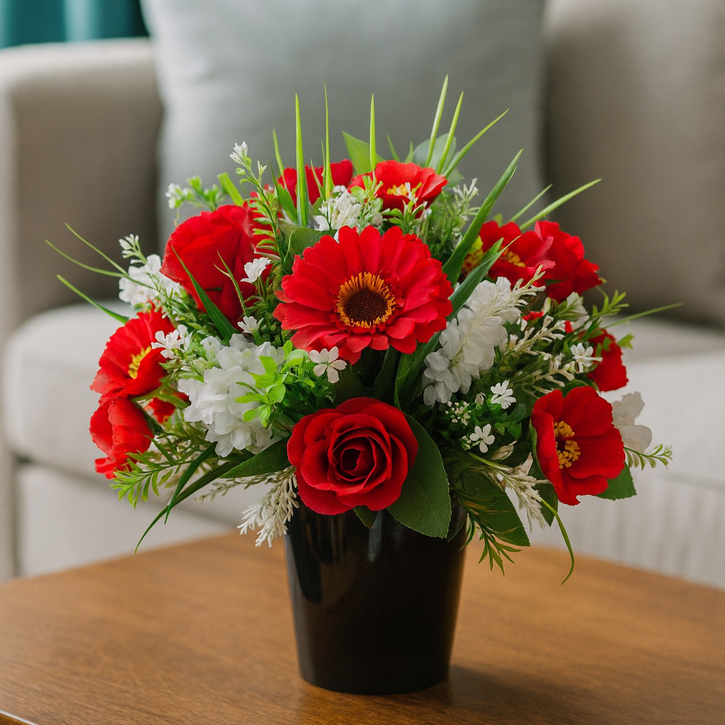 Artificial Red & White Flower Arrangement in Glossy Black Pot – Silk Roses, Gerberas & Poppies