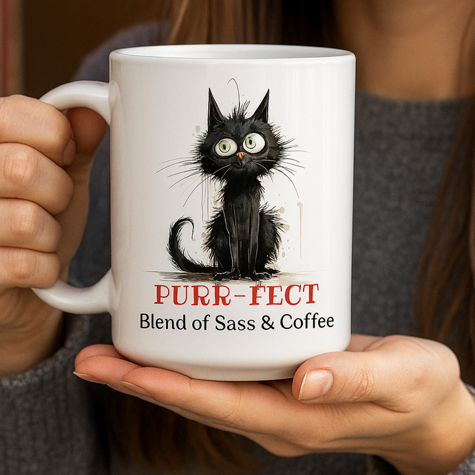 ceramic mug from our black cat collection - purrfect & sassy