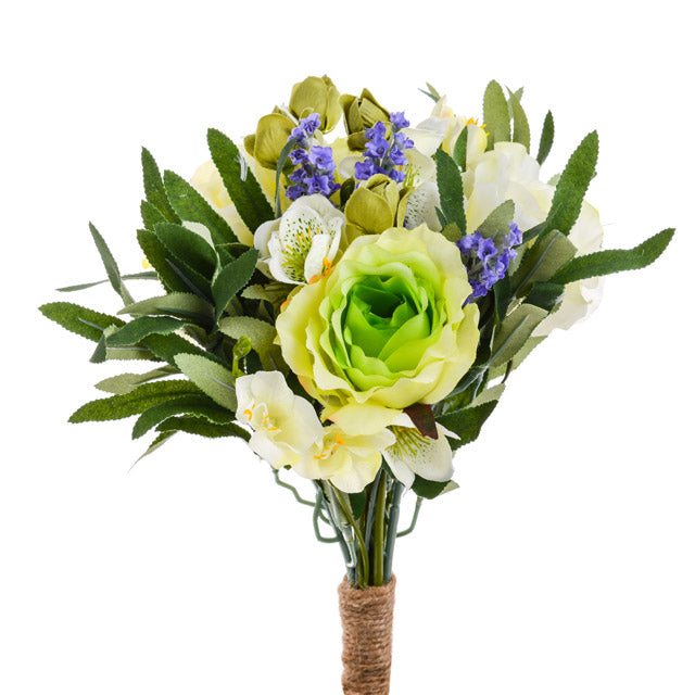 a bunch of green ivory and blue mixed flowers and foliage