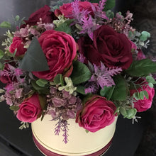 XL Burgundy and raspberry faux silk roses arranged in a cream hat box