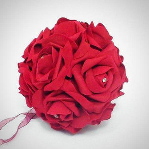 flower girls pomander of red foam roses with diamante centres