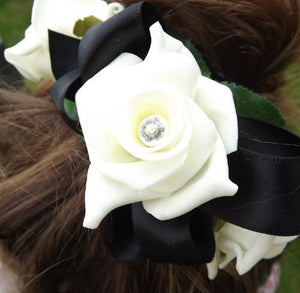 a bridesmaids hair comb of ivory roses (choice of ribbon colour)