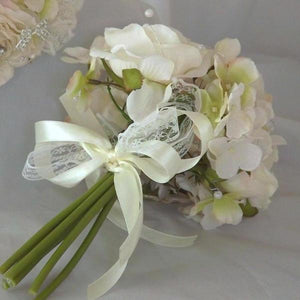 wedding bouquet, champagne, ivory artificial silk roses hydrangea flowers