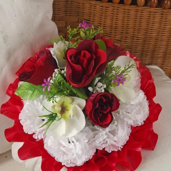 memorial artificial silk flower based posy white red