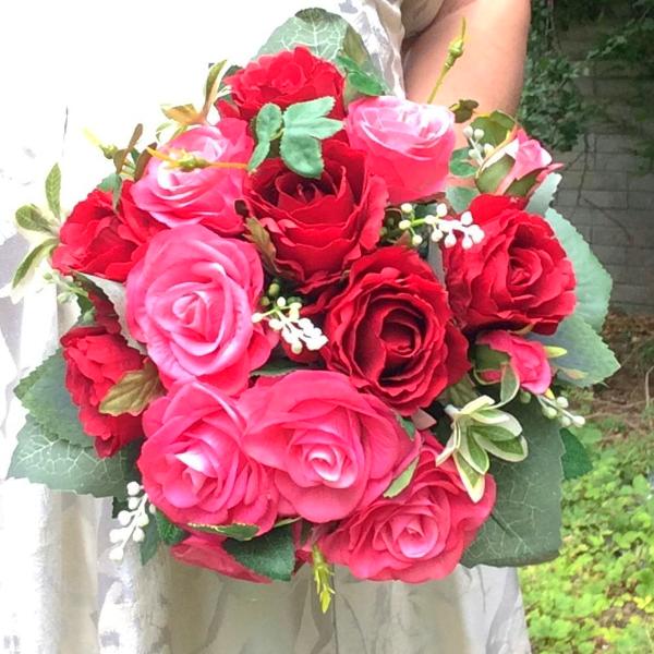 wedding posy bouquet of red cerise silk artificial roses flowers