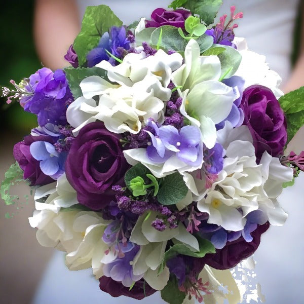 wedding bouquet, purple, ivory artificial silk flowers