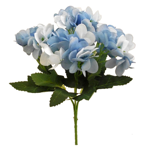a bush of blue artificial hydrangea flowers