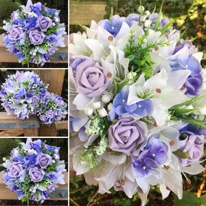 blue and lilac artificial wedding bouquets
