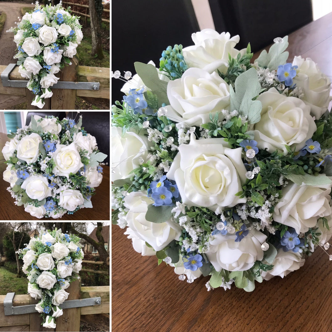 A wedding bouquet collection of forget-me-not's & ivory or white roses