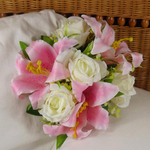 wedding bouquet, pink, ivory artificial silk lily, rose flowers