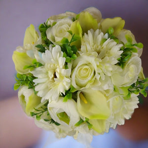 artificial wedding brides bouquet ivory roses gerbera calla lily flowers