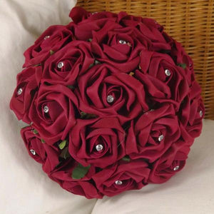 wedding bouquet, burgundy artificial foam rose flowers