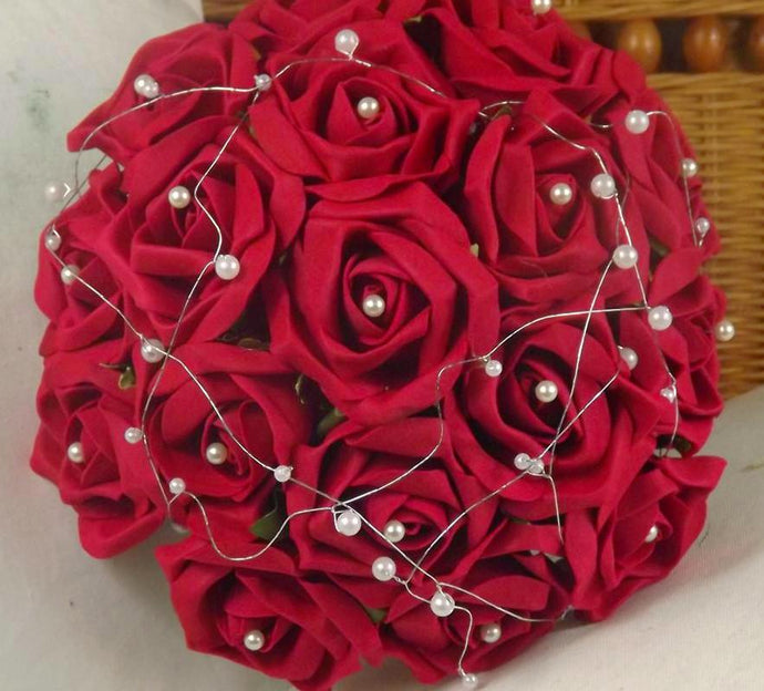 wedding bouquet, red artificial foam roses flowers
