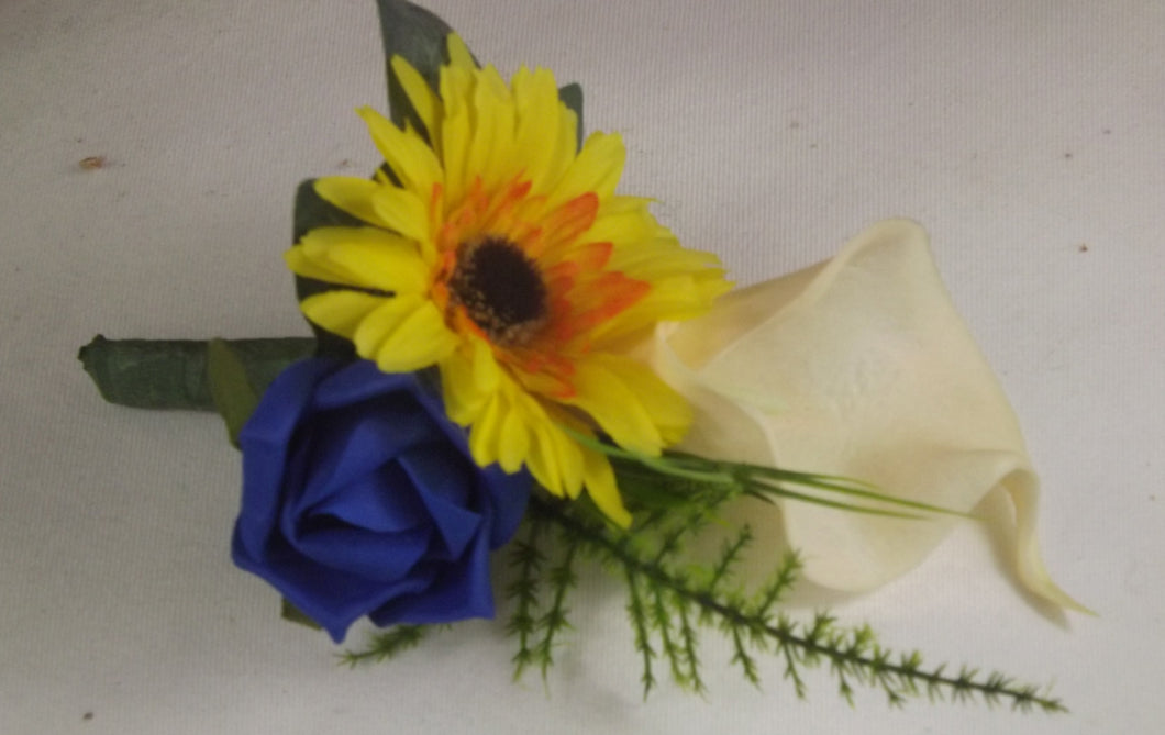 WEDDING CORSAGE- blue yellow and ivory rose calla lily and gerbera