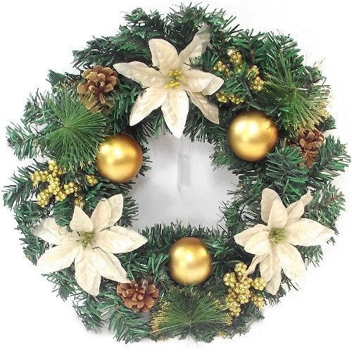 a 40cm artificial pine christmas wreath decorated with gold decorations