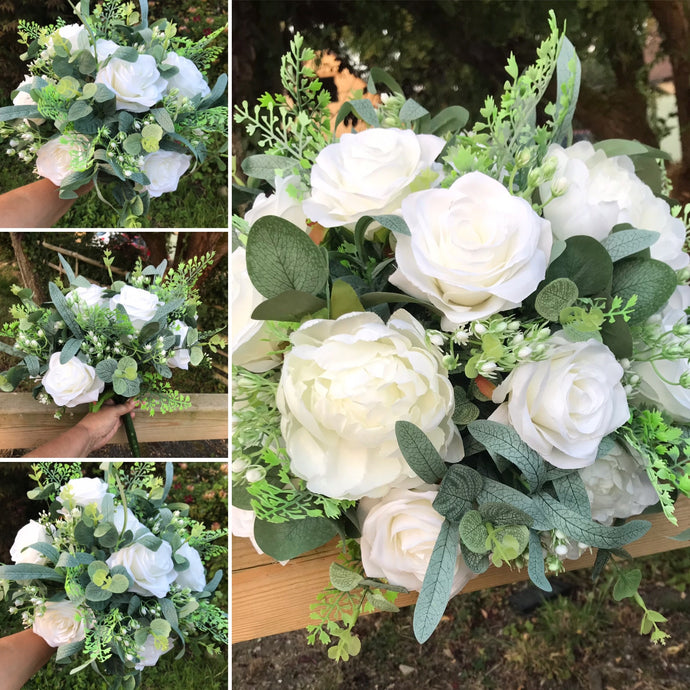 wedding bouquet of white roses and peonies