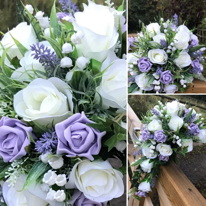 teardrop bouquet of lilac and ivory roses