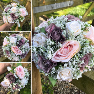 dusky pink artificial rose and gyp wedding bouquet