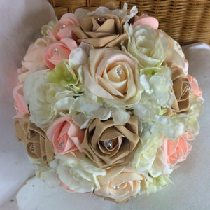 wedding bouquet, peach, ivory artificial foam roses and hydrangea flowers
