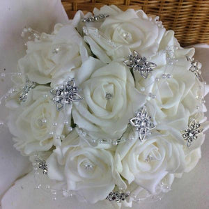 wedding posy bouquet of white foam roses with diamante centres