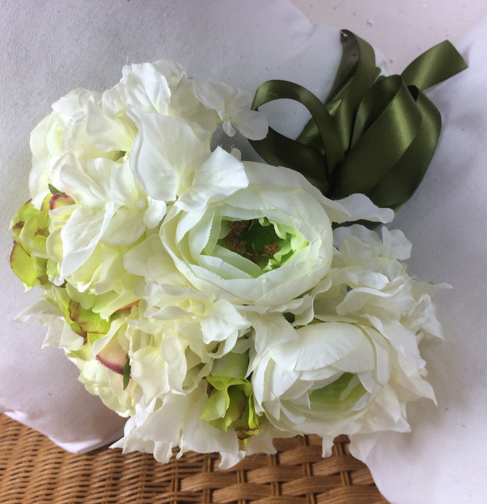 wedding bouquet ivory green artificial silk roses hydrangea flowers