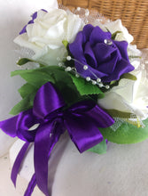 wedding bouquet, purple, ivory artificial foam roses flowers