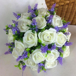 artificial wedding bouquet ivory roses lilac lavender flowers