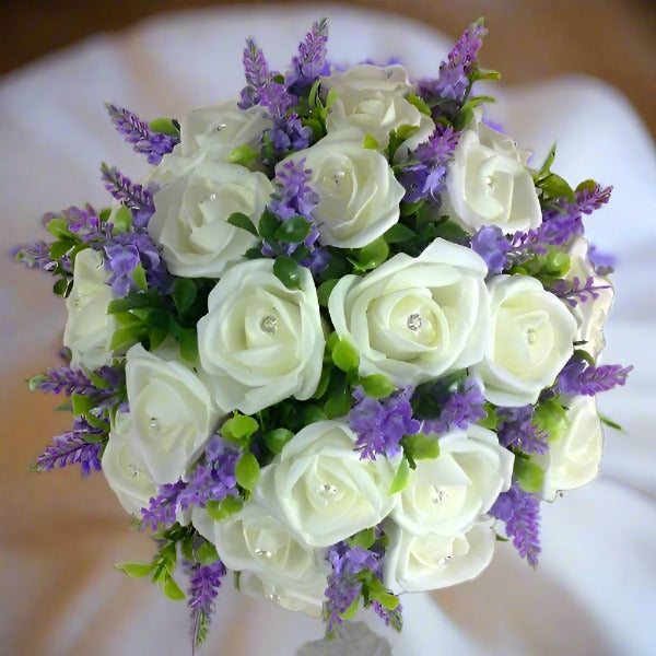 artificial wedding bouquet ivory roses lilac lavender flowers