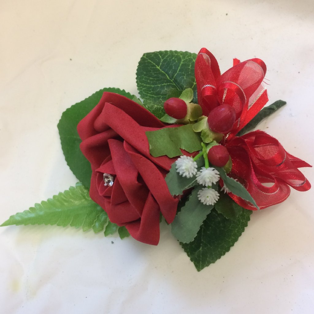 RED ROSE BUTTONHOLE with hypericium berries