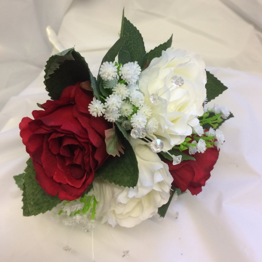 bridesmaids posy of red and ivory artificial silk roses