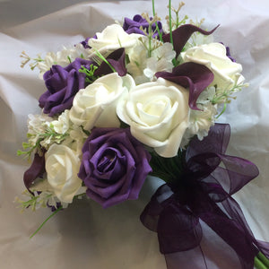 A Brides Bouquet of ivory & aubergine artificial Foam Roses & Calla Lilies